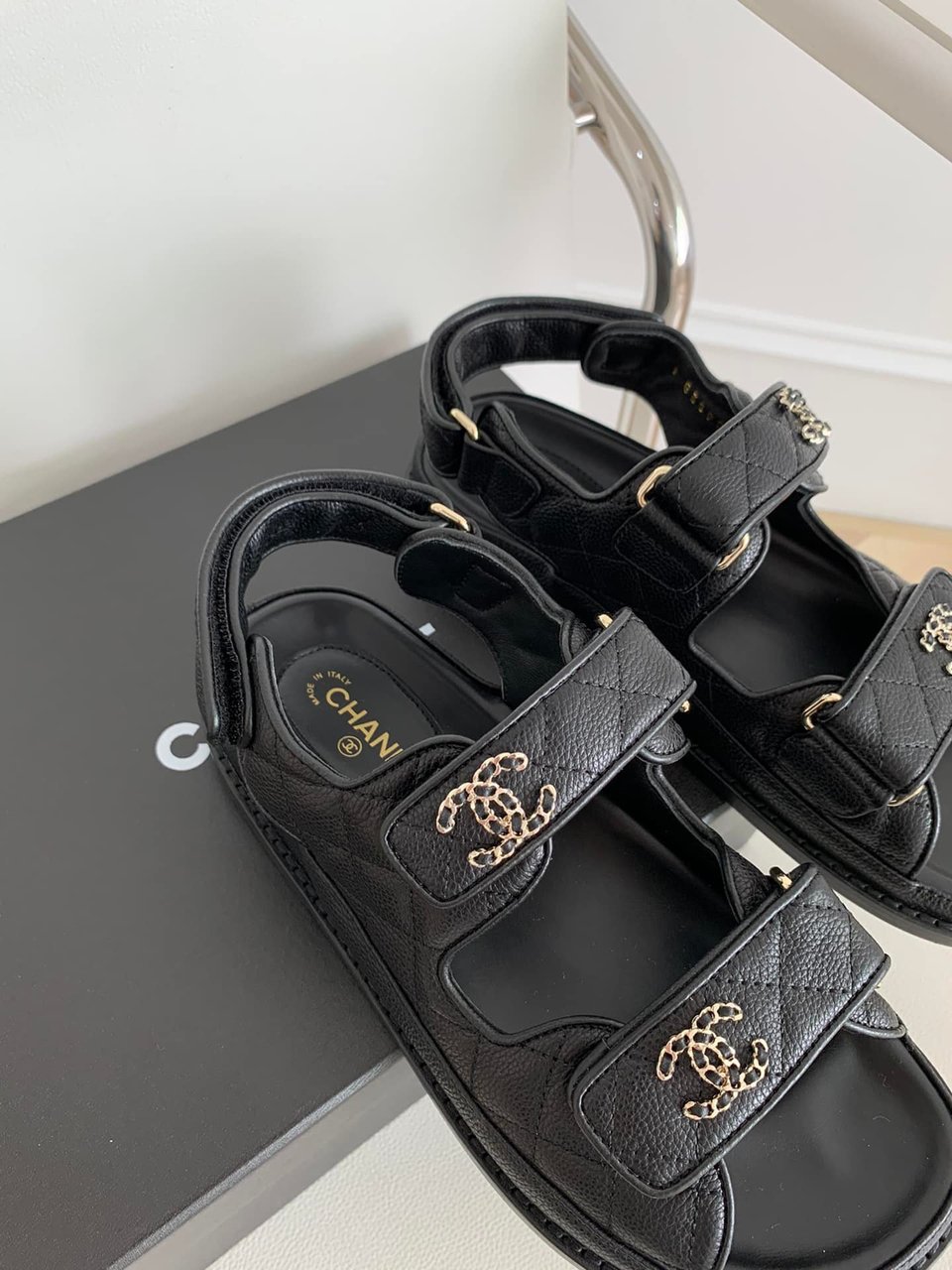 Chanel Cc Button Velcro Black Sandals Grained Calfskin Leather view 10