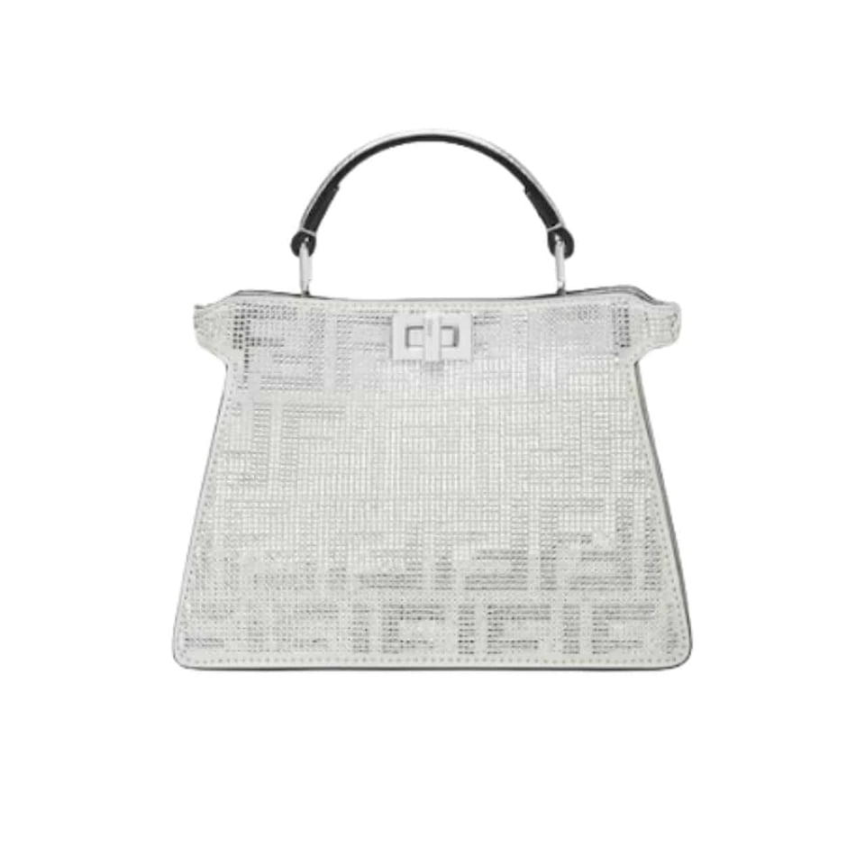 Fendi Peekaboo Iseeu Petite Silver Leather Bag With Crystal Ff Motif 21Cm