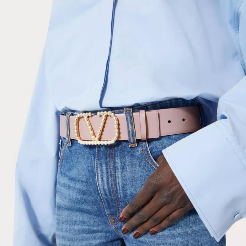 Valentino Vlogo Signature Reversible Belt In Shiny Calfskin With Pearls 40 mm view 3
