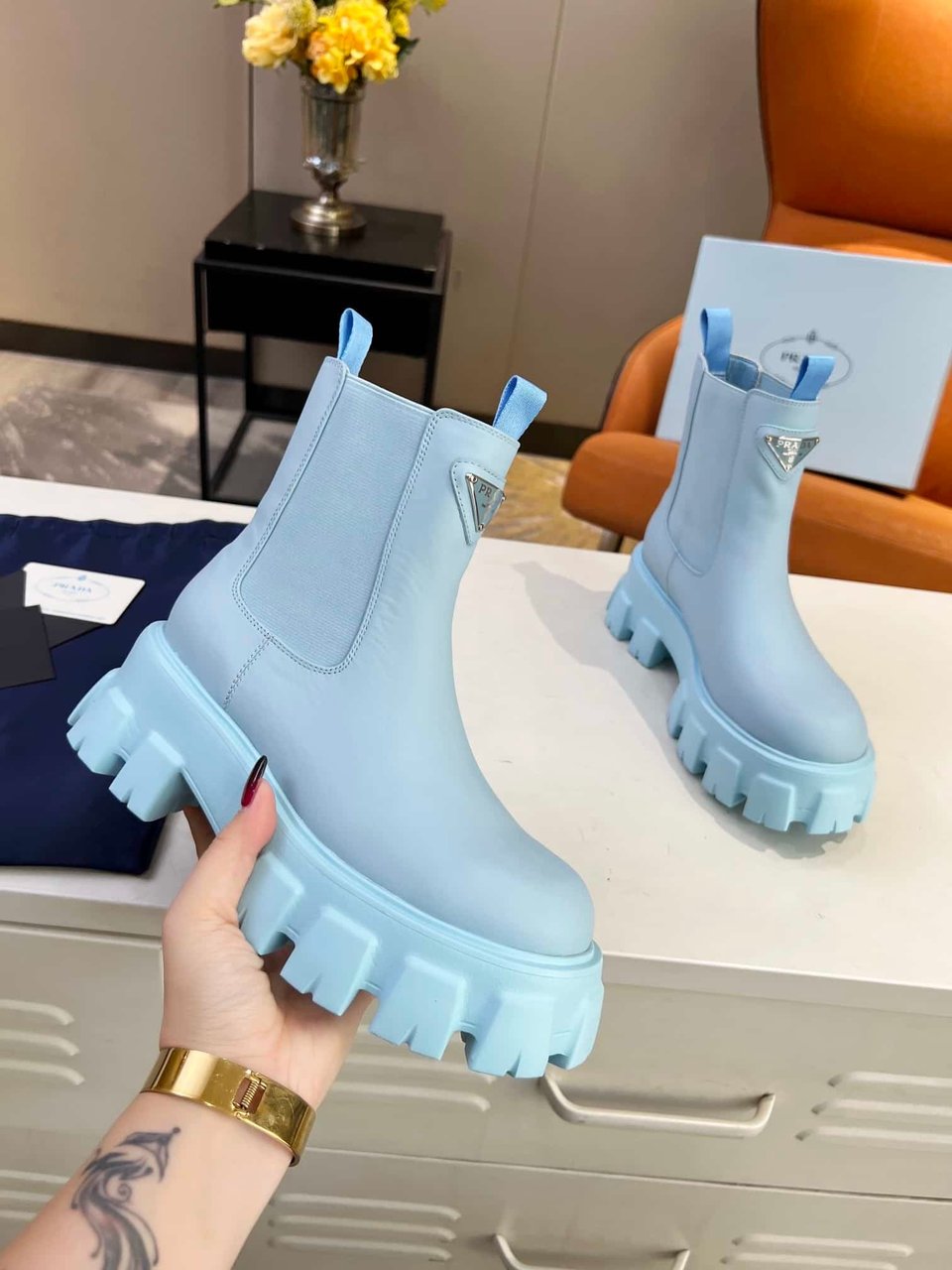 Prada Monolith Brushed Leather Booties Blue view 9