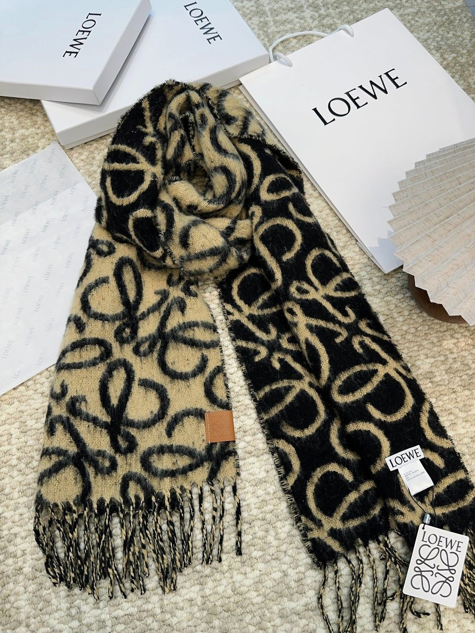 Loewe Mohair Scarf Anagram Black Beige For Women 186cm view 2