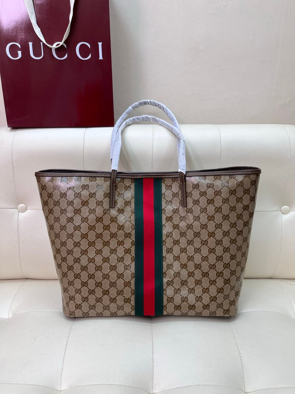 Gucci Tribeca Large Tote Bag 38cm/15in Sand And Brown GG Canvas 874745 view 2