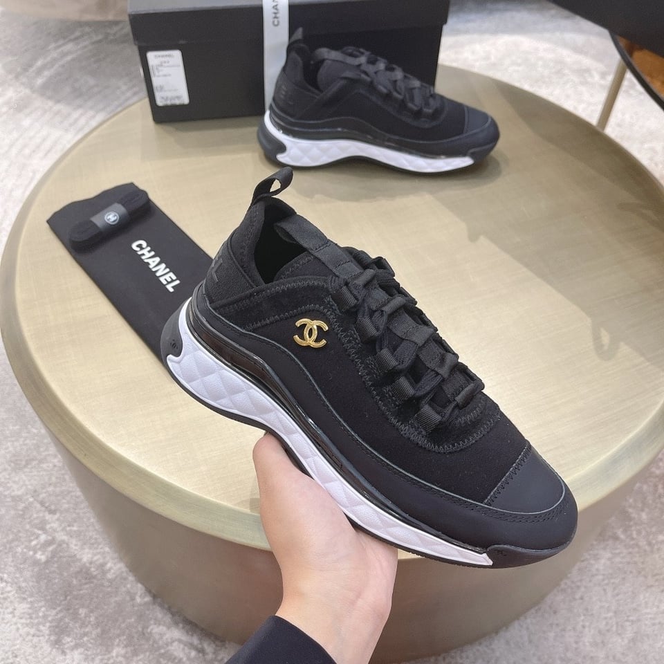 Chanel Logo Low Top Trainer Sneakers Black G35617 view 8