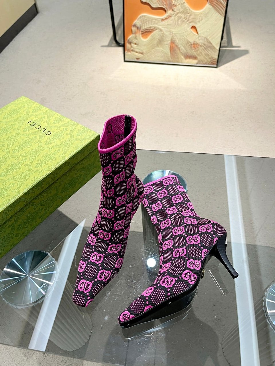 Gucci Gg 75Mm Knit Ankle Boots Black Fluorescent Pink Fabric 718378 Faaqp 8610 view 8