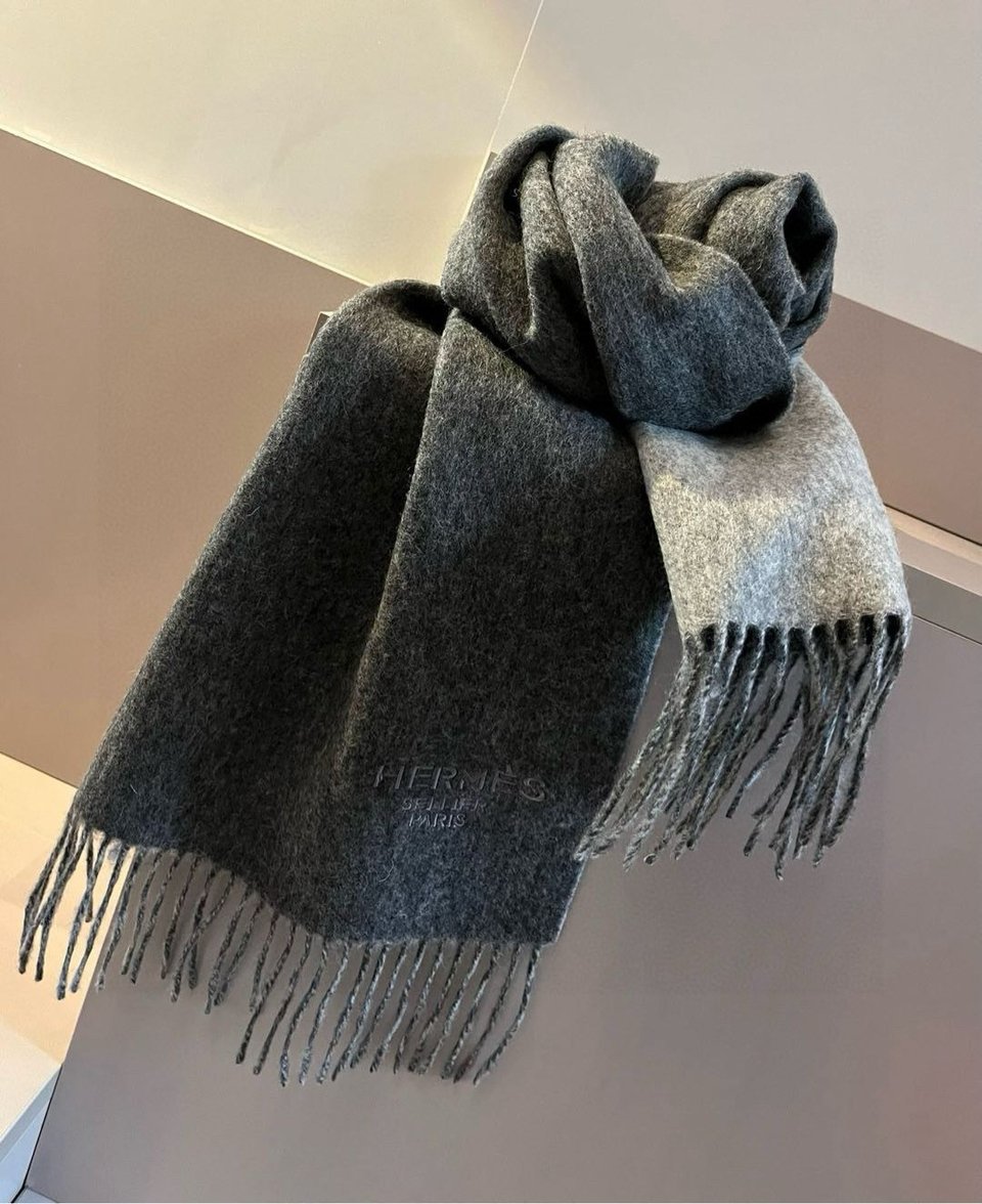 Hermes Cashmere Scarf Colorblock Dark Gray Light Gray For Women 180cm view 5