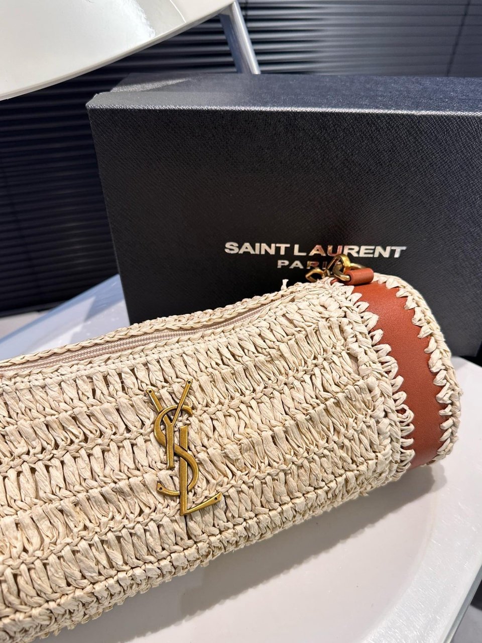 Saint Laurent Sade Raffia Tube Bag In Natural 33Cm view 6
