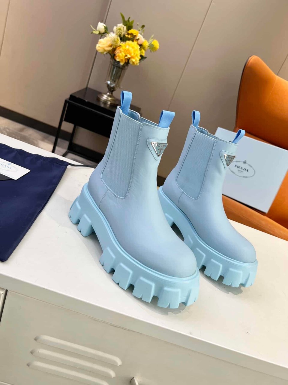 Prada Monolith Brushed Leather Booties Blue view 7