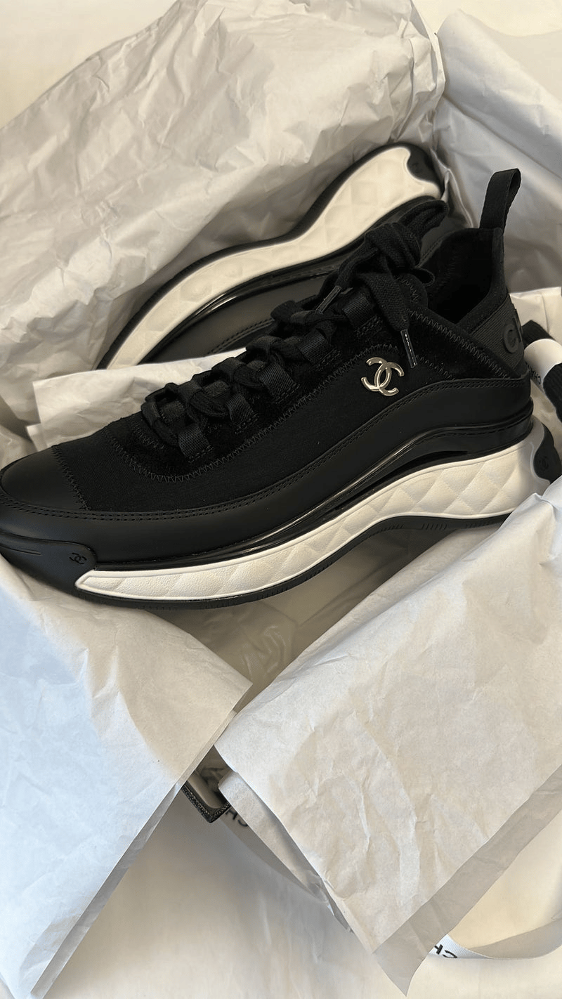 Chanel CC Logo Black Knit &amp; Leather Chunky Sneakers G39763 view 6