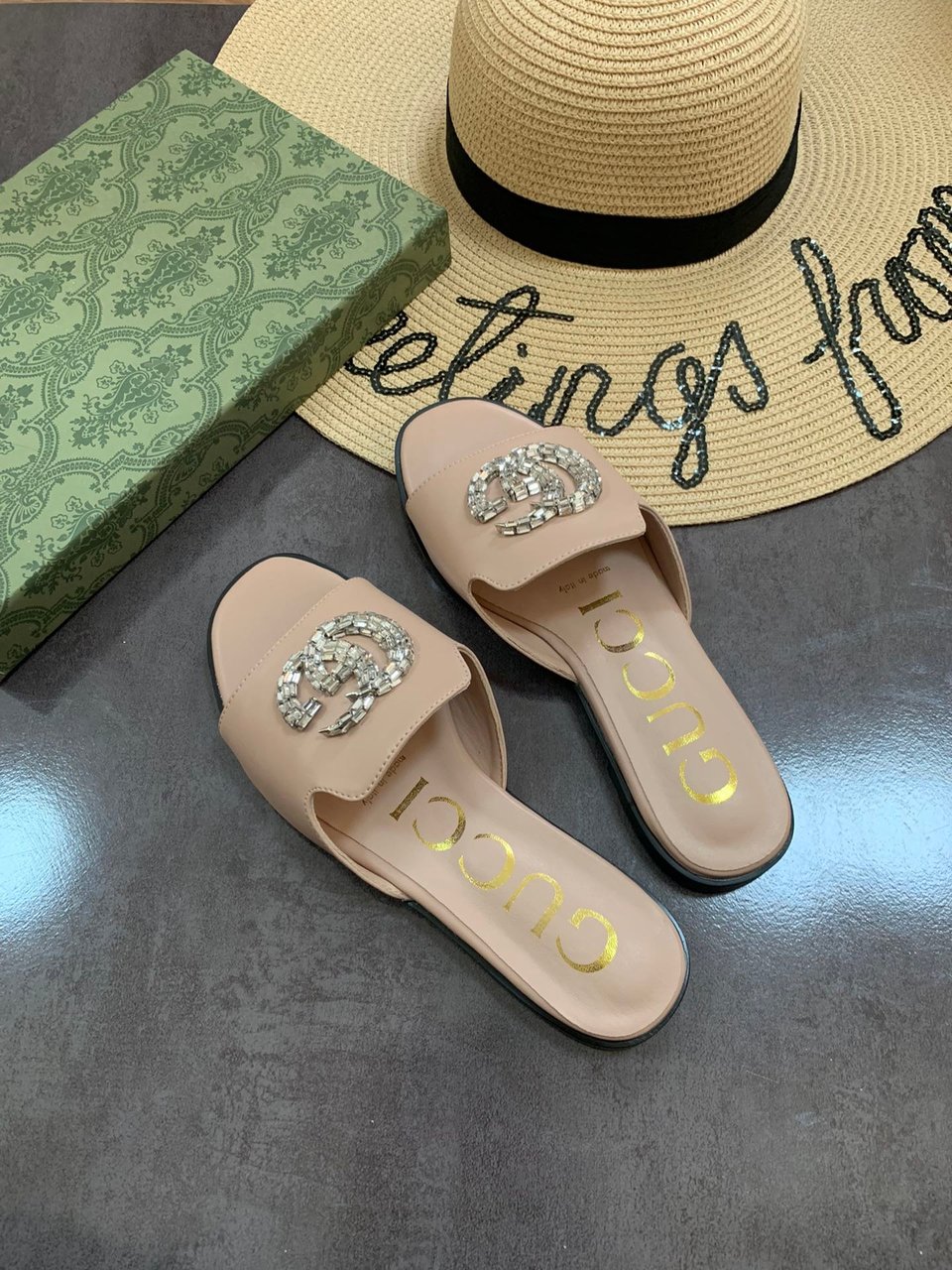 Gucci Double G Slippers Leather Beaded In Beige view 6