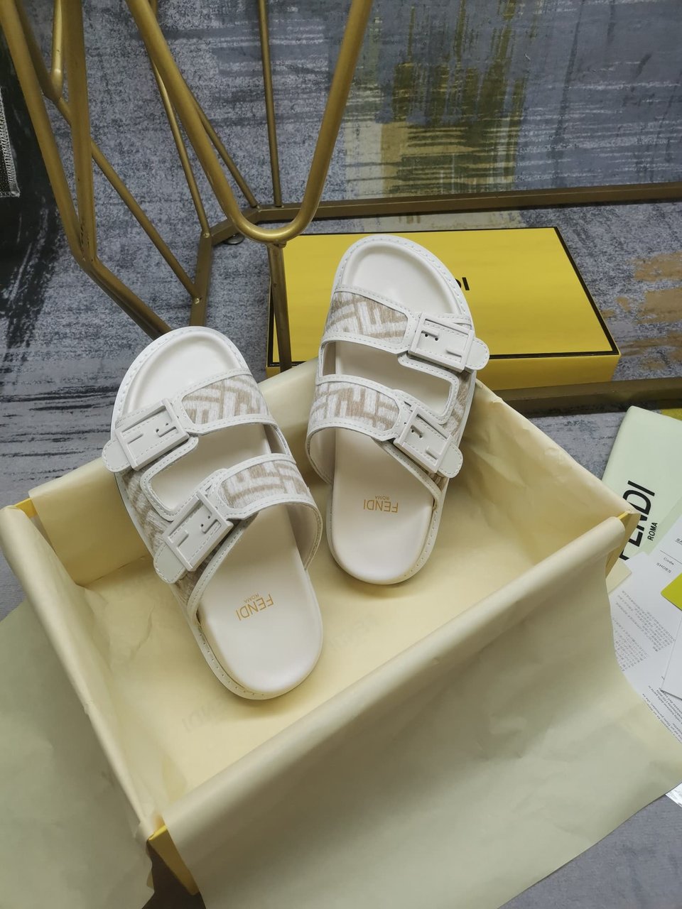 Fendi Feel Dove Grey Ff Chenille Slides White view 7