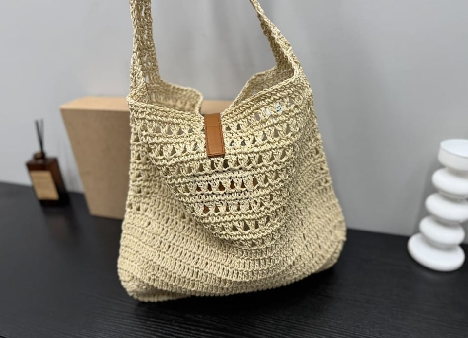 Saint Laurent Le 5 A 7 In Raffia Crochet And Smooth Leather Beige 32Cm view 7
