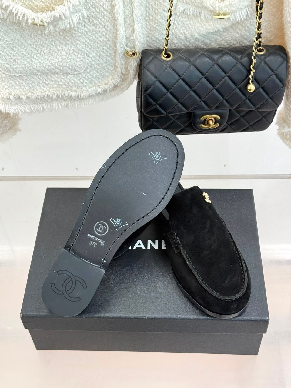Chanel Suede Velvet Mules with CC Logo Black Suede Calfskin G39838 view 6