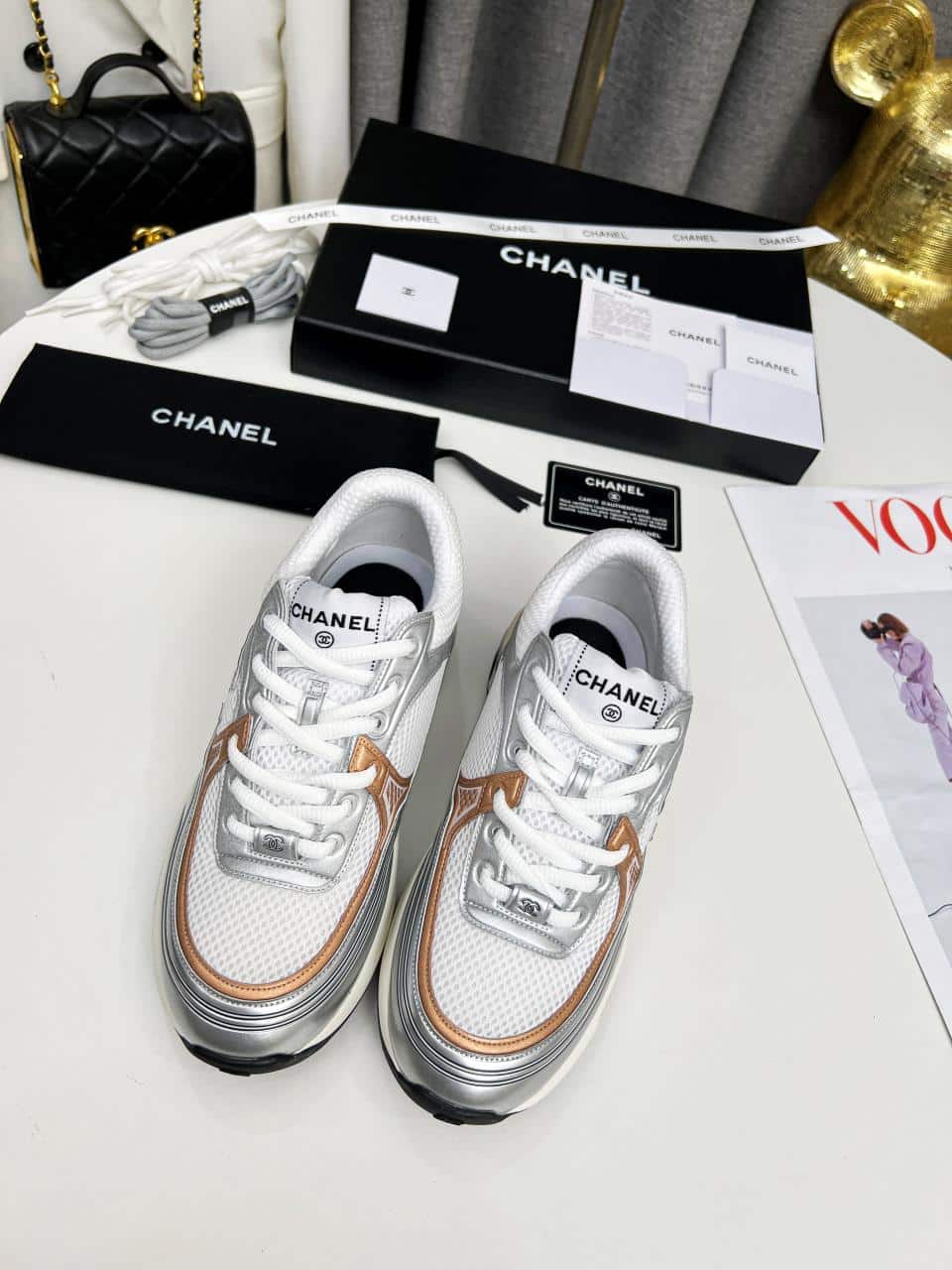 Chanel 23C Silver Metallic Cc Logo Lace Up Flat Runner Trainer Sneaker White Yellow view 6