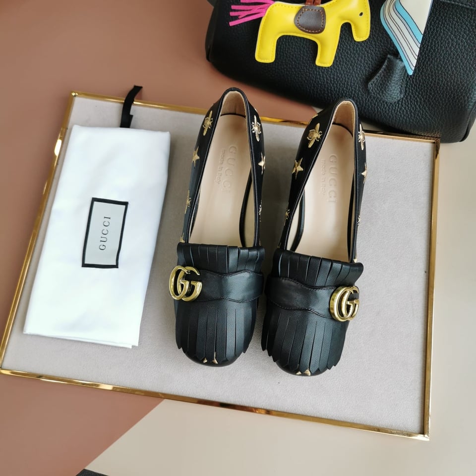 Gucci Embroidered Bee Star Leather Mid-Heel Pump Black view 4