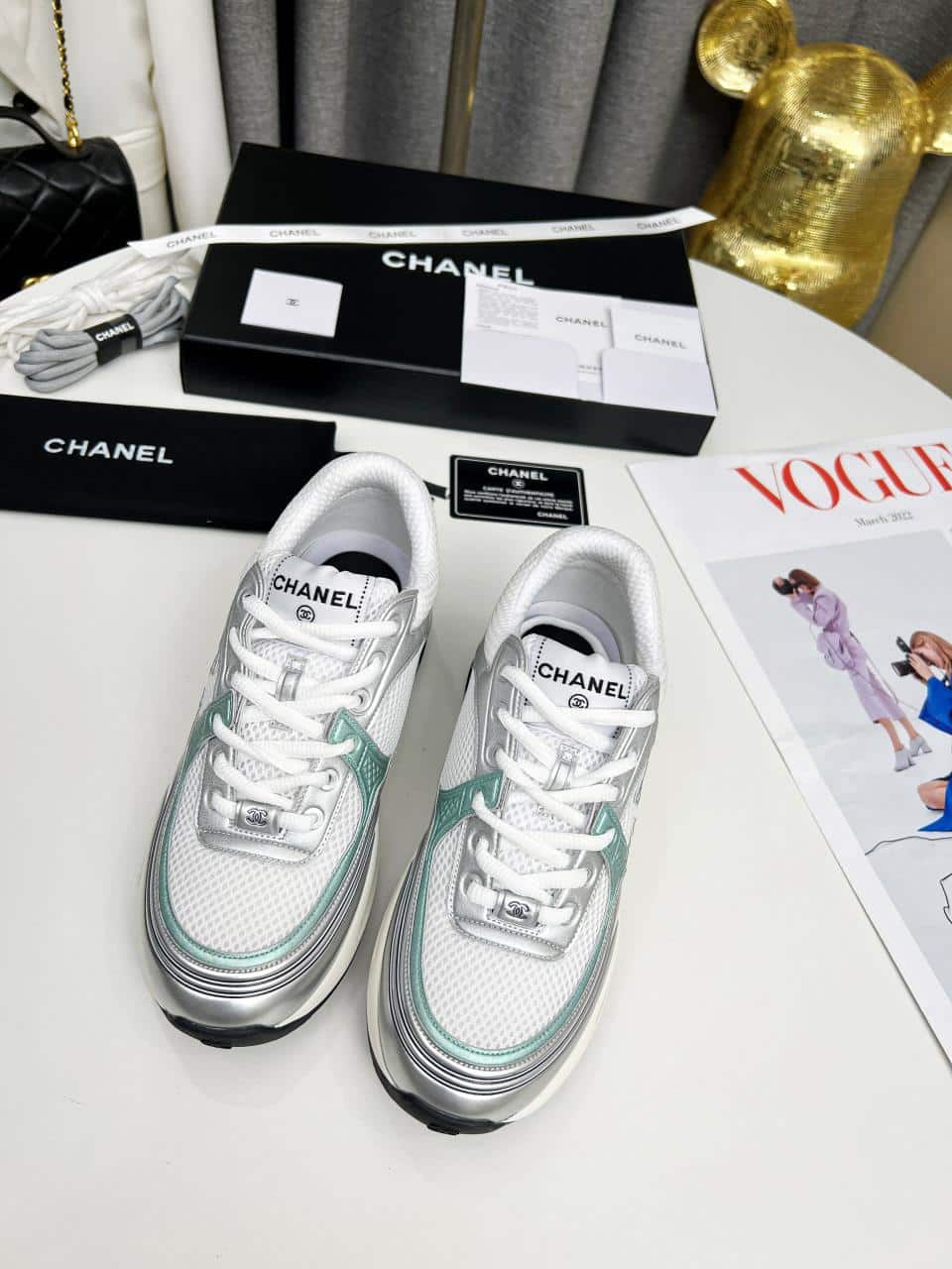 Chanel 23C Silver Metallic Cc Logo Lace Up Flat Runner Trainer Sneaker White Turquoise view 6