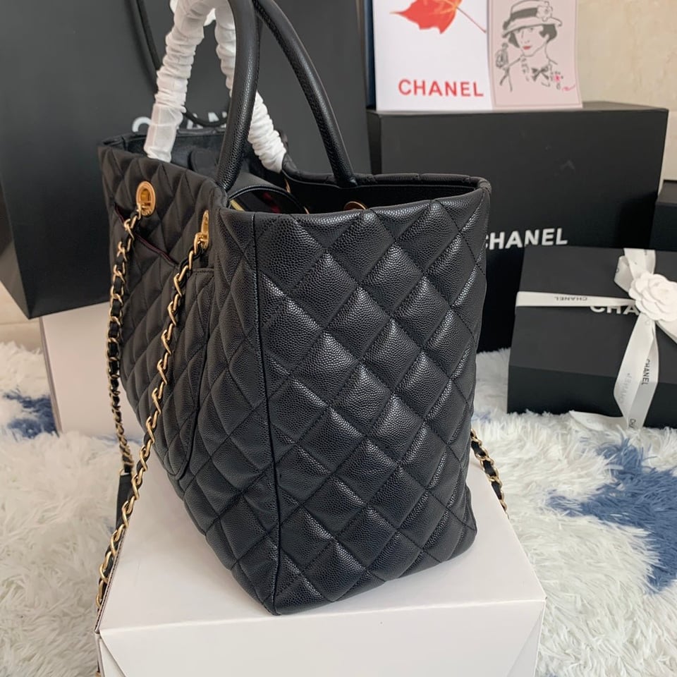 Chanel Shopping Bag 38Cm Black Quilted Caviar Leather Ghw view 8