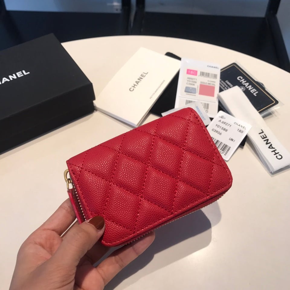 Chanel Zipped Coin Basic Purse 11 Red Calfskin Gold Icon view 8