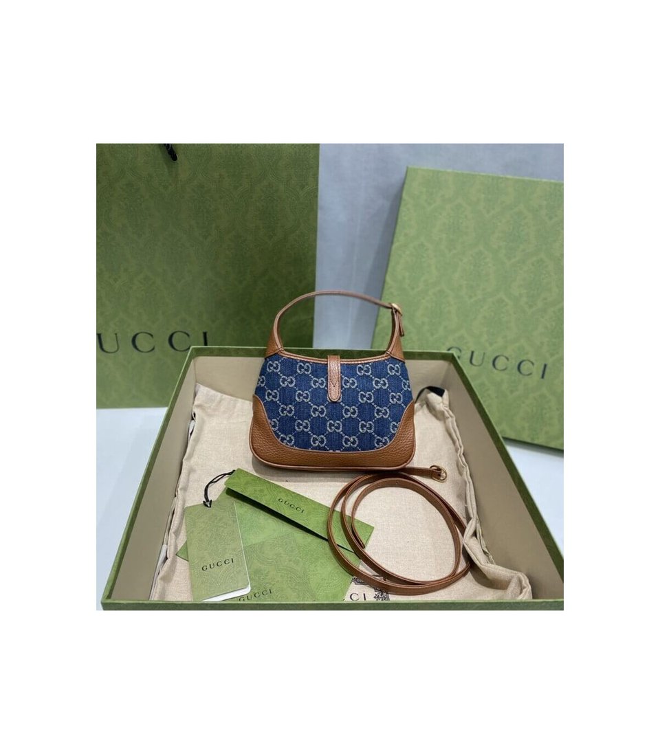 Gucci Jackie 1961 Mini Shoulder Bag in Blue Jacquard Denim 19cm view 9