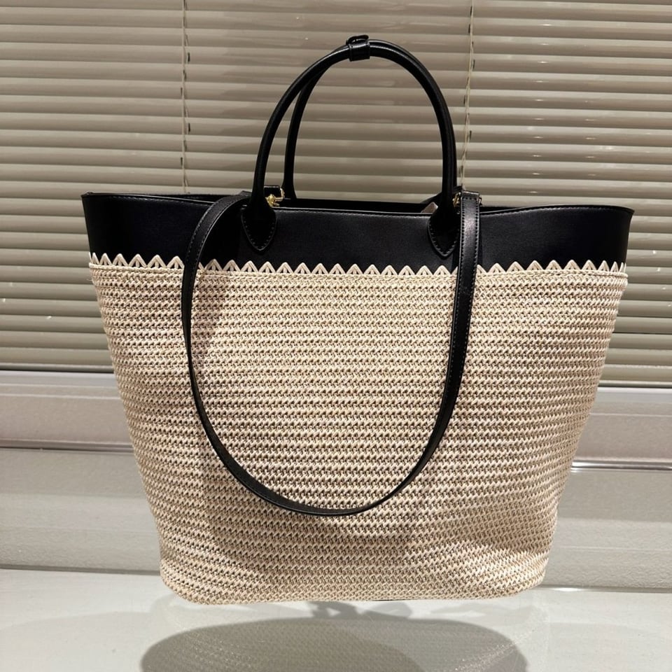 Prada Crochet And Leather Tote Bag Tan And Black 33Cm view 3