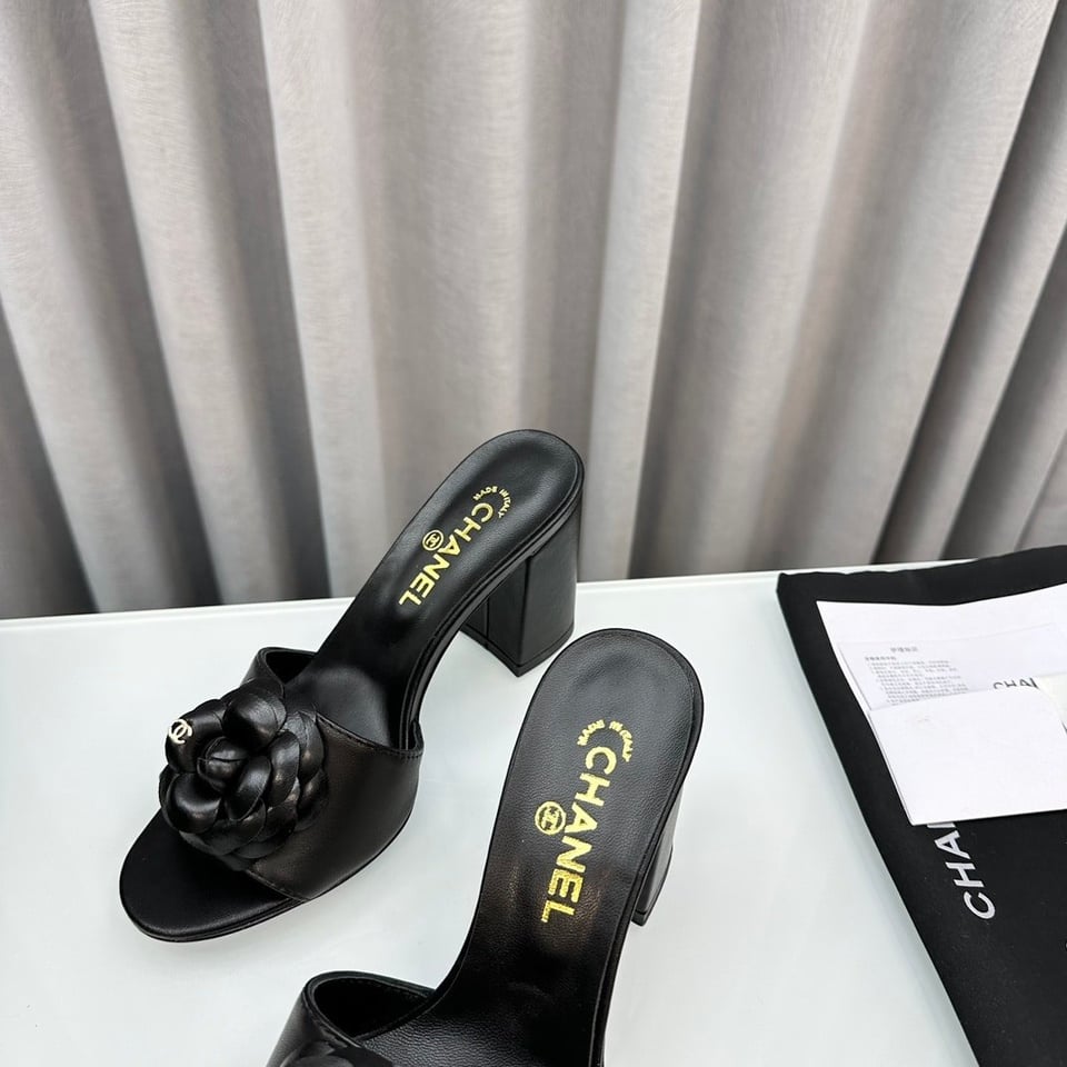 Chanel Camellia Medium Heel Slippers Black view 7
