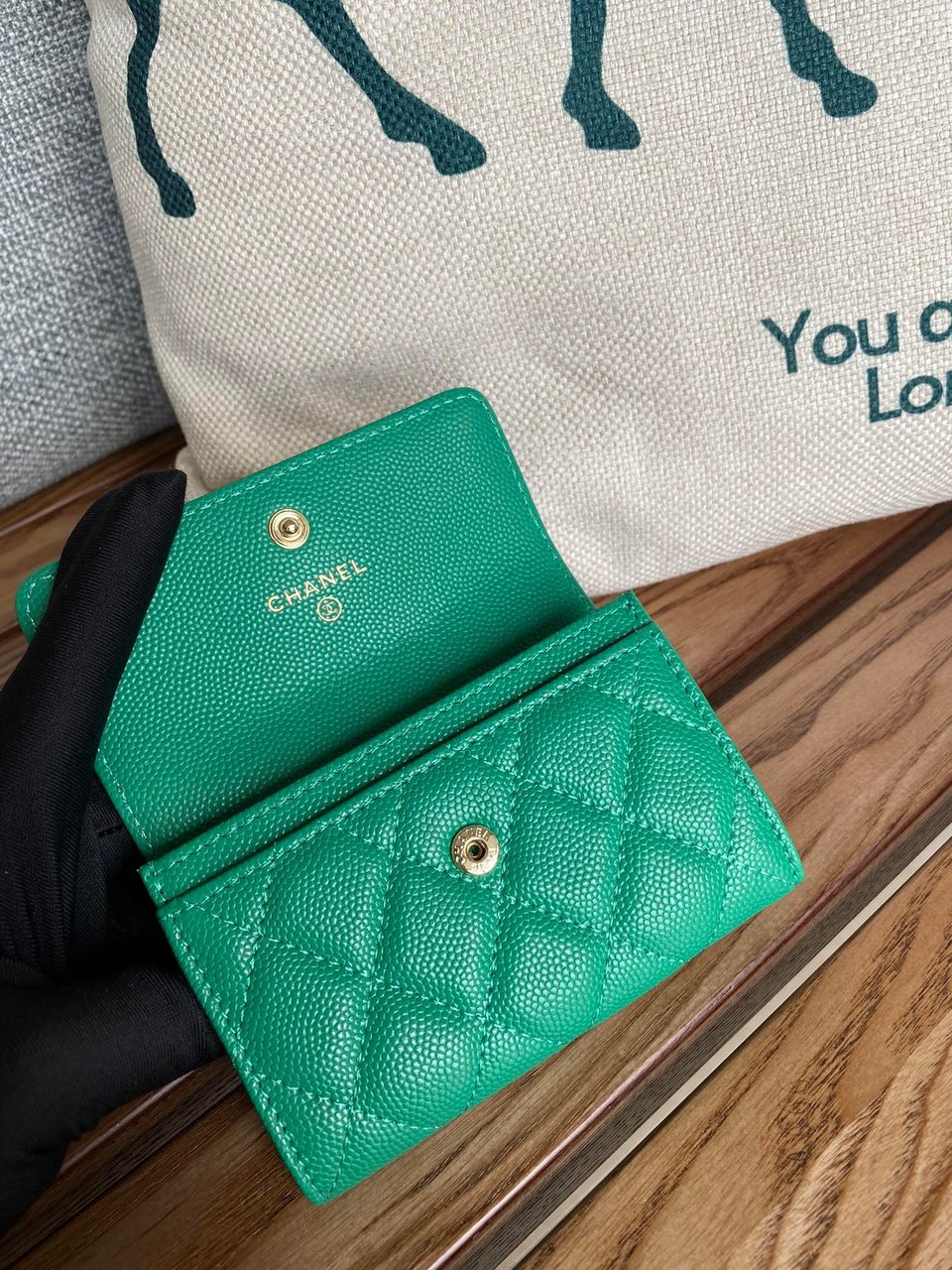 Chanel Small Wallet 11Cm Dark Green Caviar Light Gold Hardware view 3