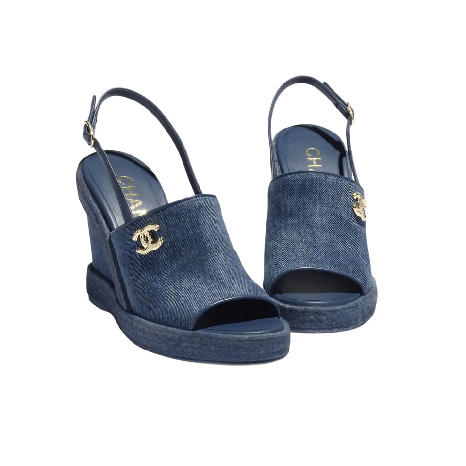 Chanel Denim Wedge Slingback Sandals Blue Denim G39832