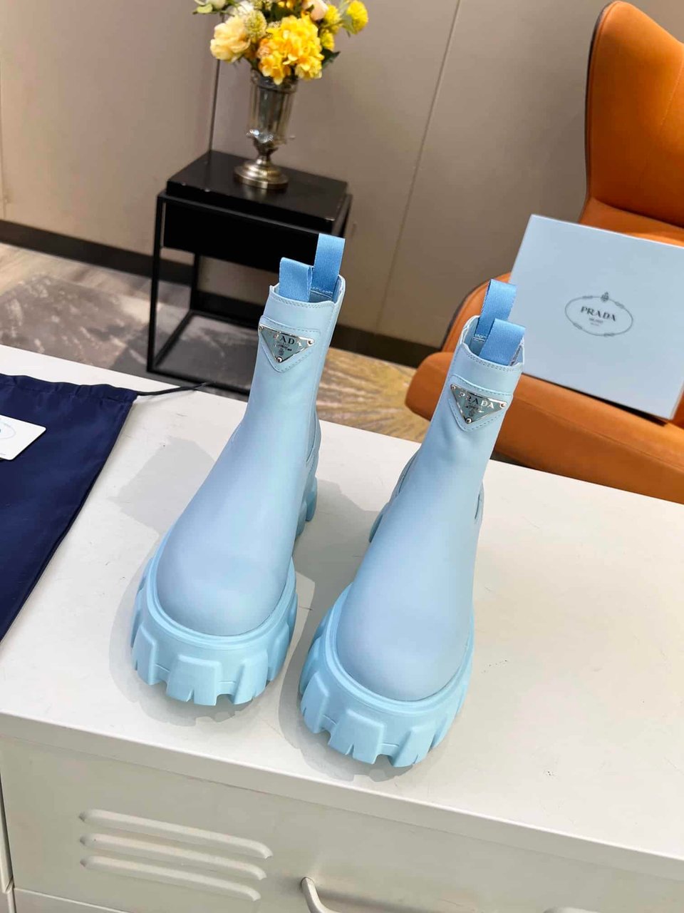 Prada Monolith Brushed Leather Booties Blue view 6