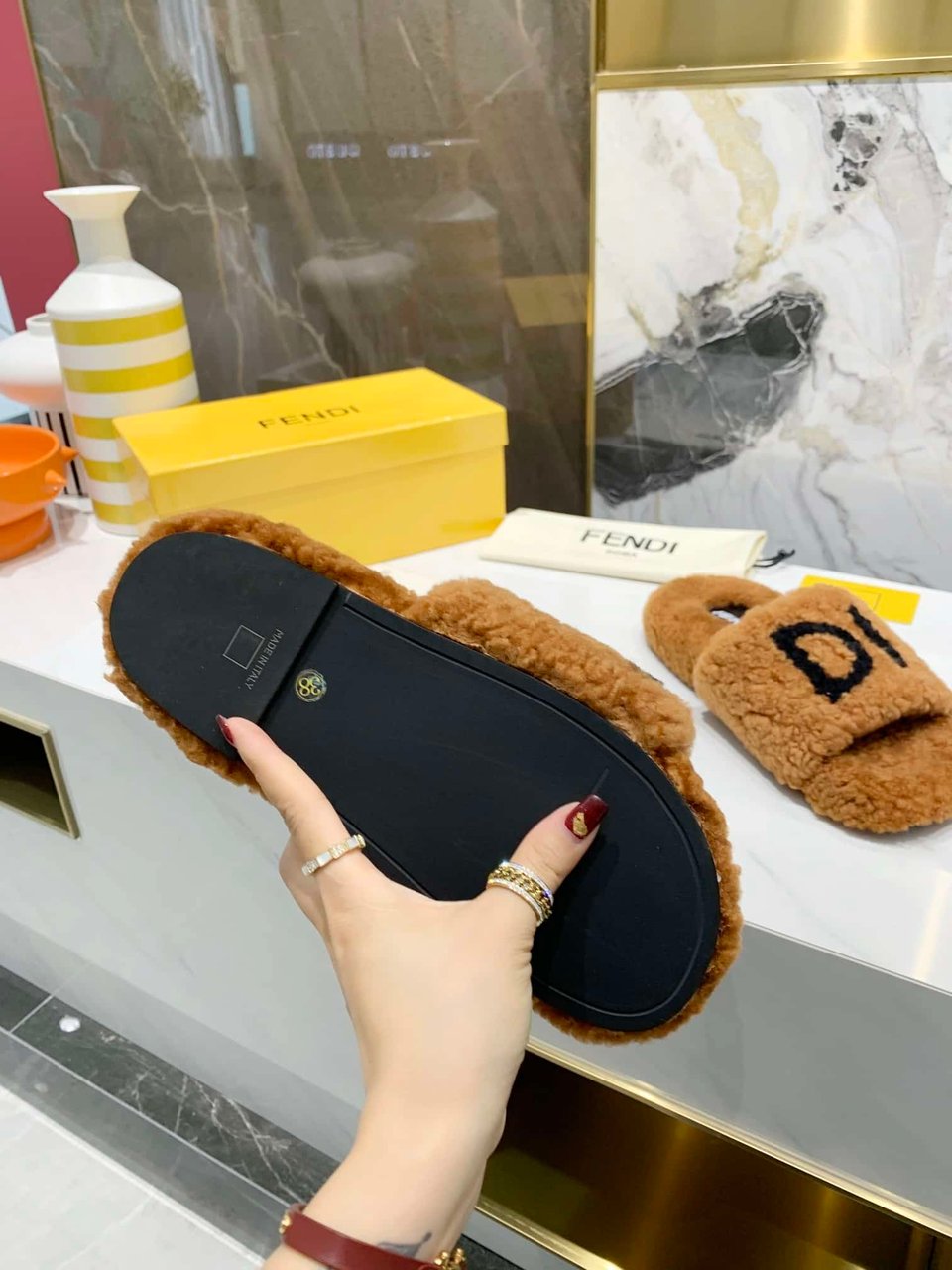 Fendi Shearling Slides Brown view 4
