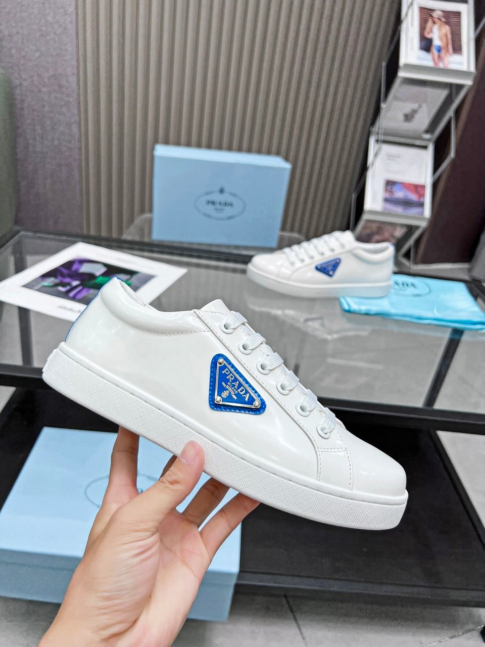 Prada Brushed Sneakers Leather White White Cobalt Blue view 3