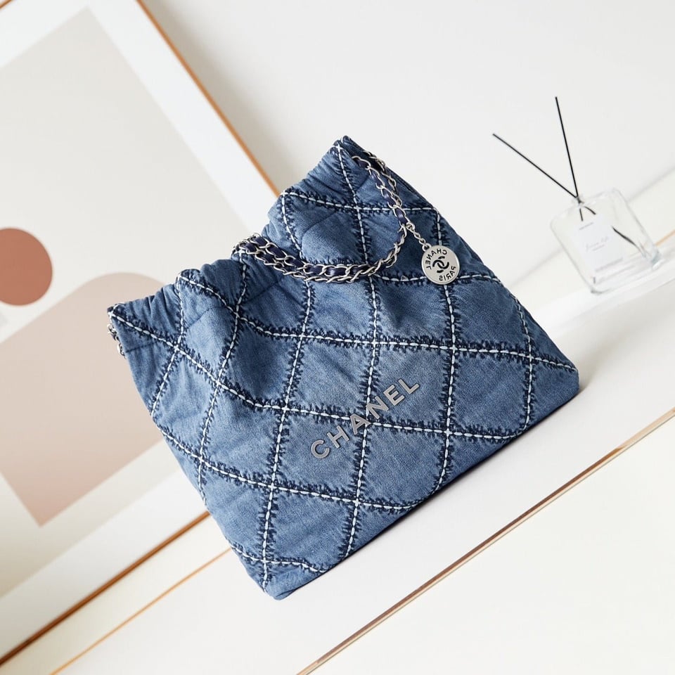 Chanel 22 Hobo Stitched Blue Denim Silver Hardware view 2