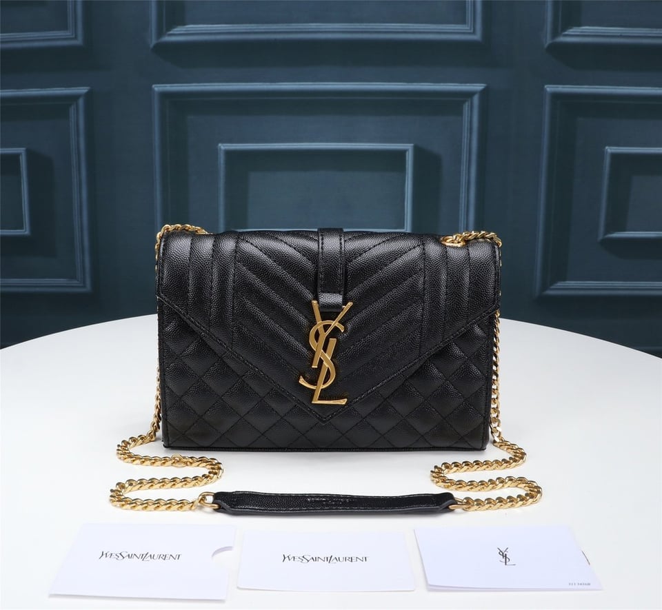 Saint Laurent Envelope Small Bag In Mix Matelasse Grain De Poudre Embossed Black Gold 21Cm view 9