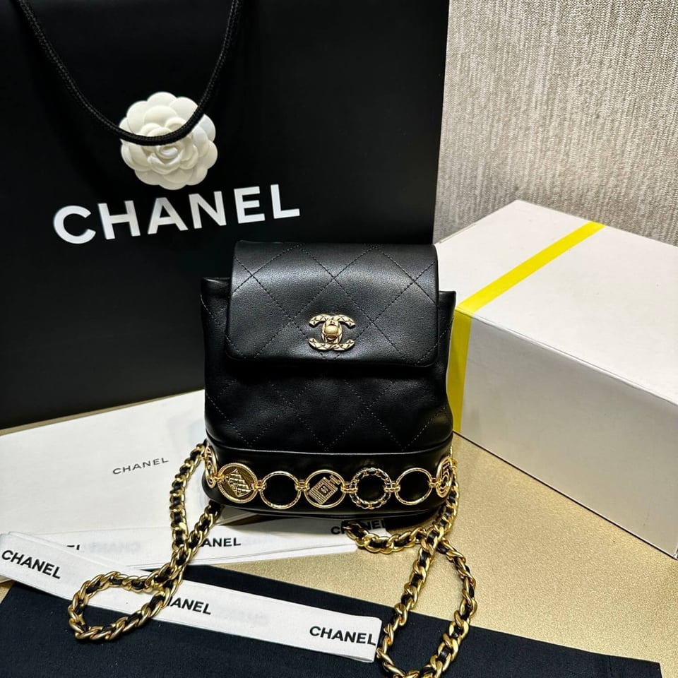 Chanel Small Backpack in Black Calfskin view 6