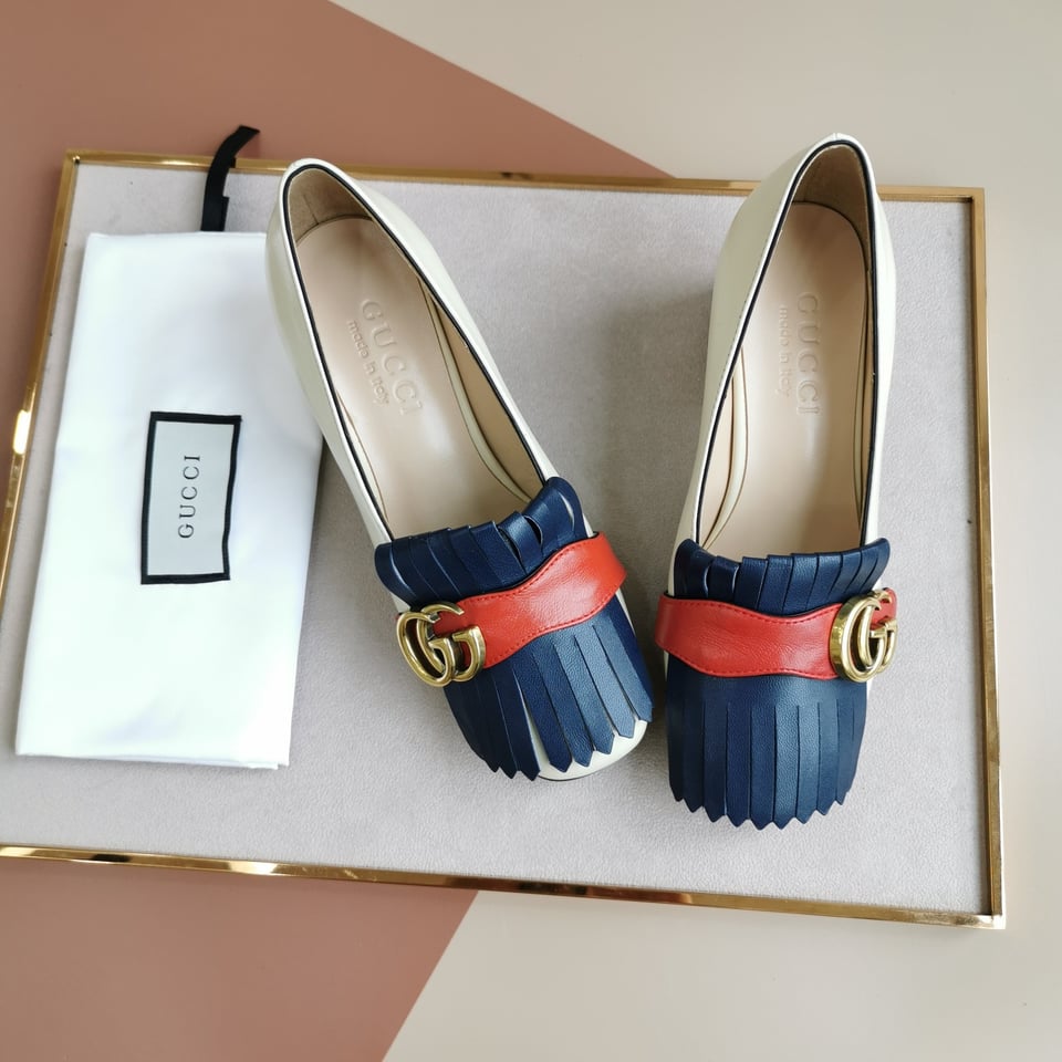 Gucci Wmns White And Blue Leather Mid-Heel Pump view 10