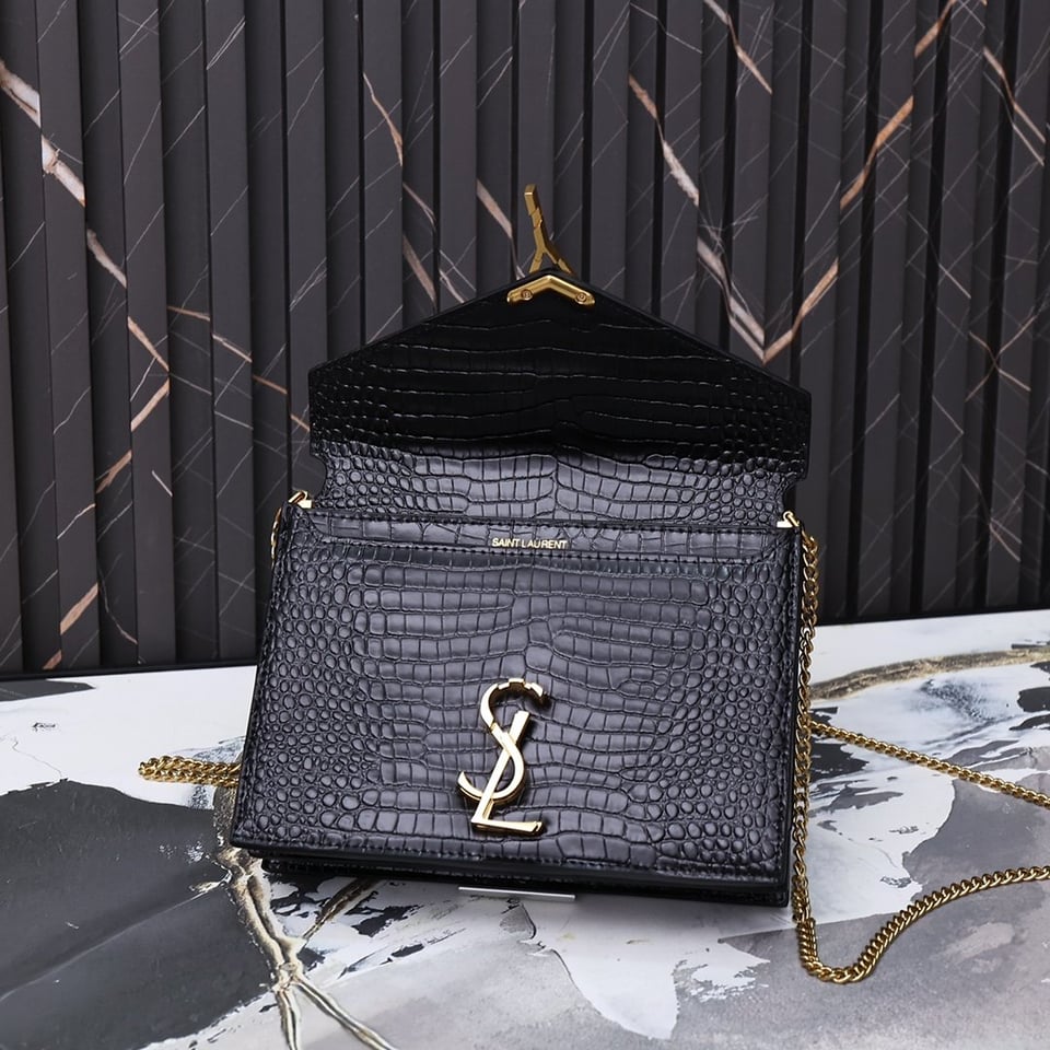 Saint Laurent Cassandra Shiny Leather Cross-Body Bag Black view 3