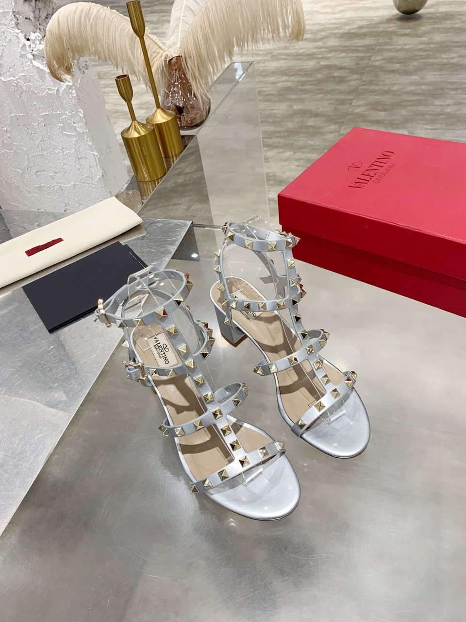 Valentino Garavani Rockstud Leather Sandals Silver view 8