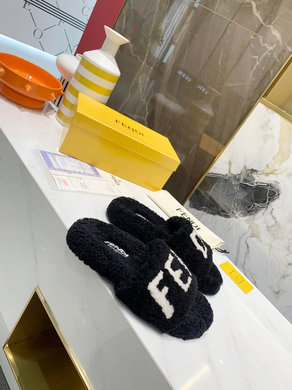 Fendi Shearling Slides Black view 7