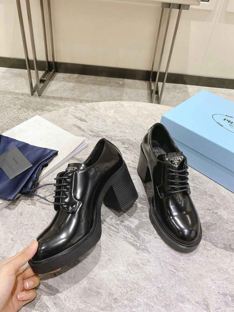 Prada Heeled Brushed Leather Lace-Ups Black 1E976M055F0002F085 view 5