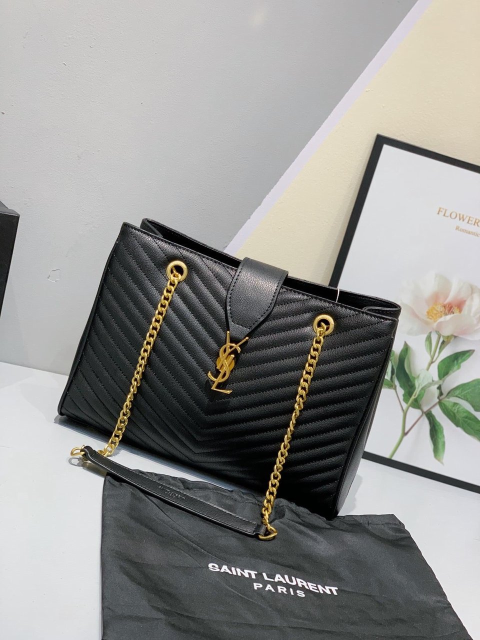 Saint Laurent Black Grain De Poudre Matelasse Chevron Monogram Shopping Bag Gold Hardware view 8