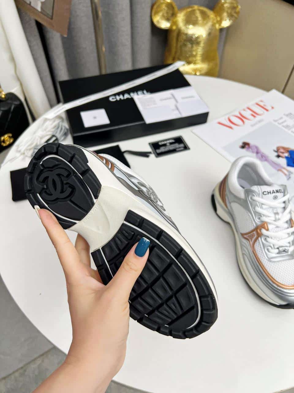 Chanel 23C Silver Metallic Cc Logo Lace Up Flat Runner Trainer Sneaker White Yellow view 3