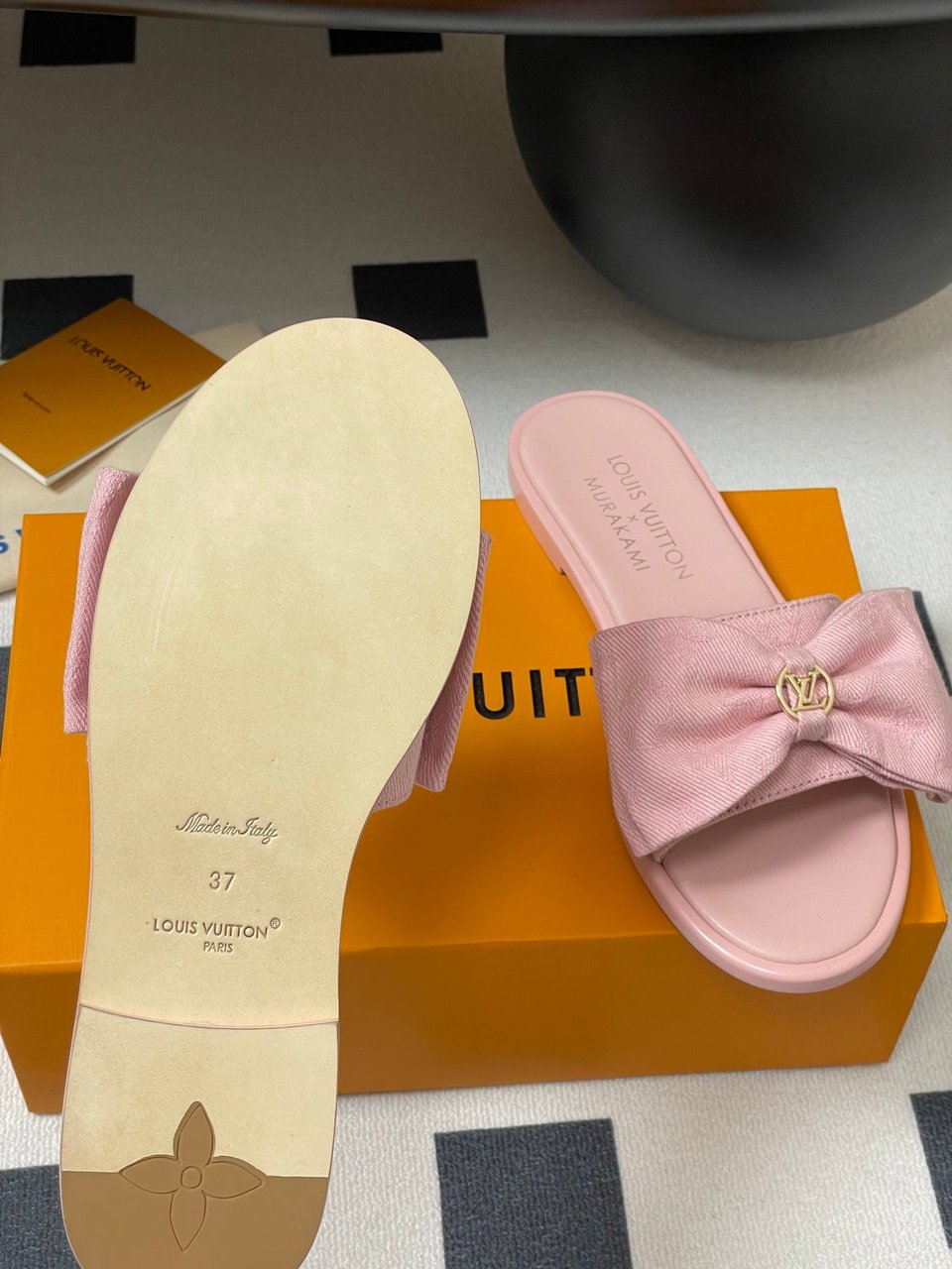 Louis Vuitton x Takashi Murakami Lily Flat Mule Bow Slide Sandals Black Canvas 1AGVYA view 5