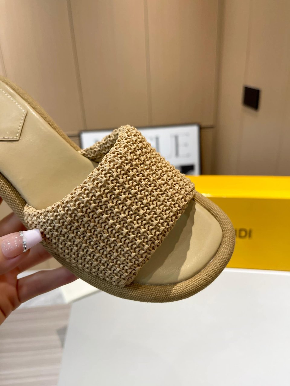 Fendi Baguette Raffia Slide Sandal Natural Neutral view 4