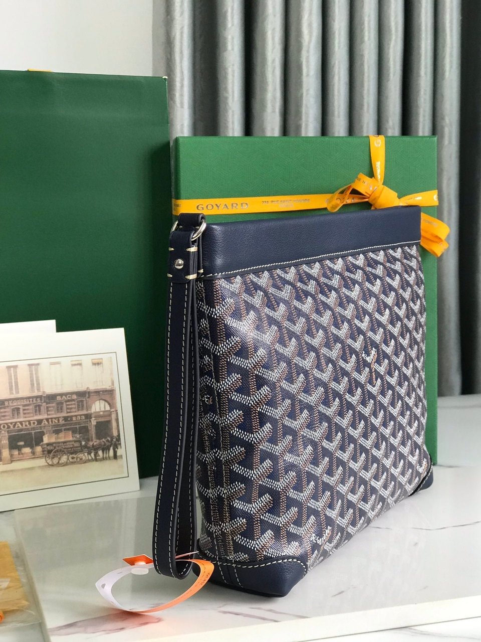 Goyard Conti Pouch 24 Cm Navy Blue Lambskin And Goyardine Canvas view 5
