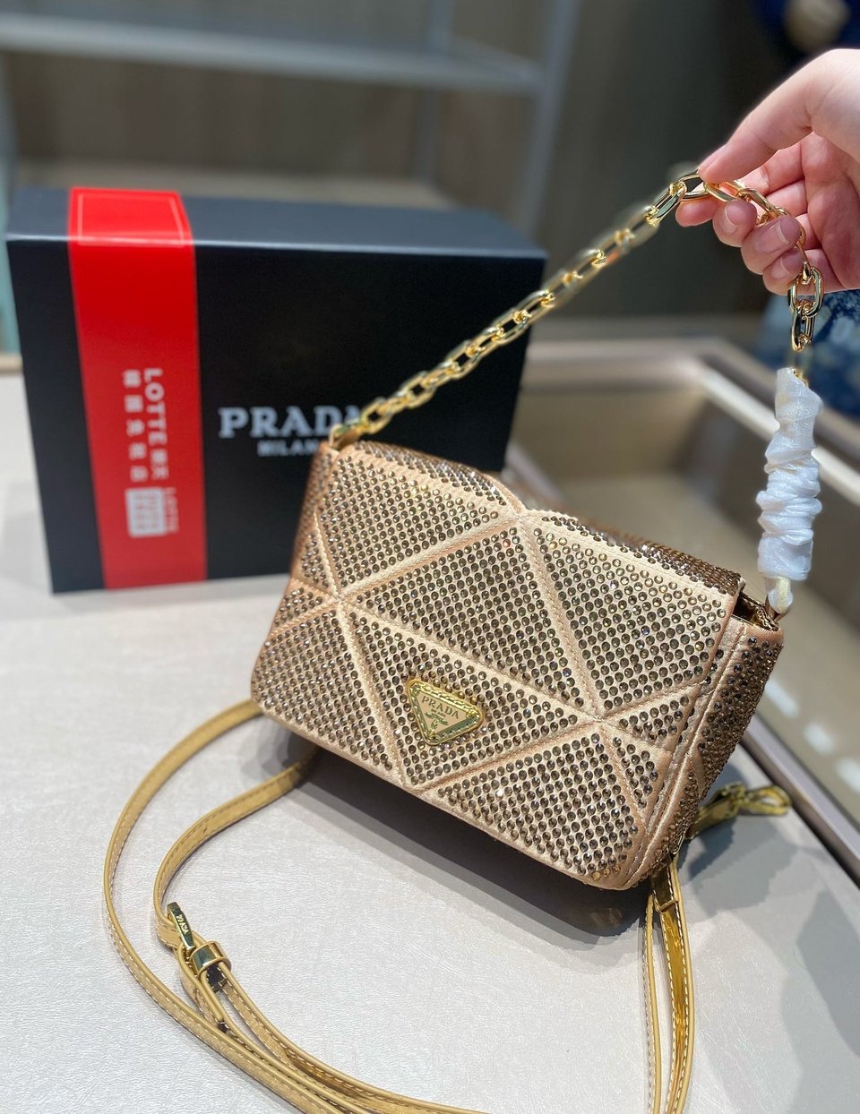 Prada Satin Crystal Mini Bag Gold 20Cm view 3