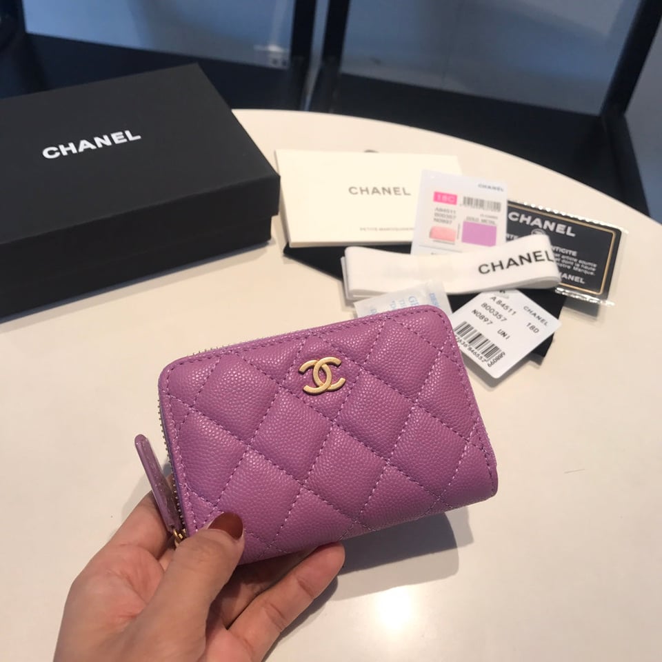 Chanel Zipped Caviar Purse 11 Purple Calfskin Gold Icon