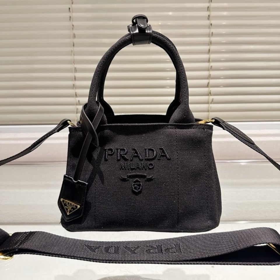 Prada Small Cotton Canvas Handbag Black 22Cm view 3