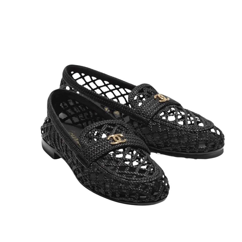 Chanel Braided Woven Loafers CC Logo Black Fabric G39852
