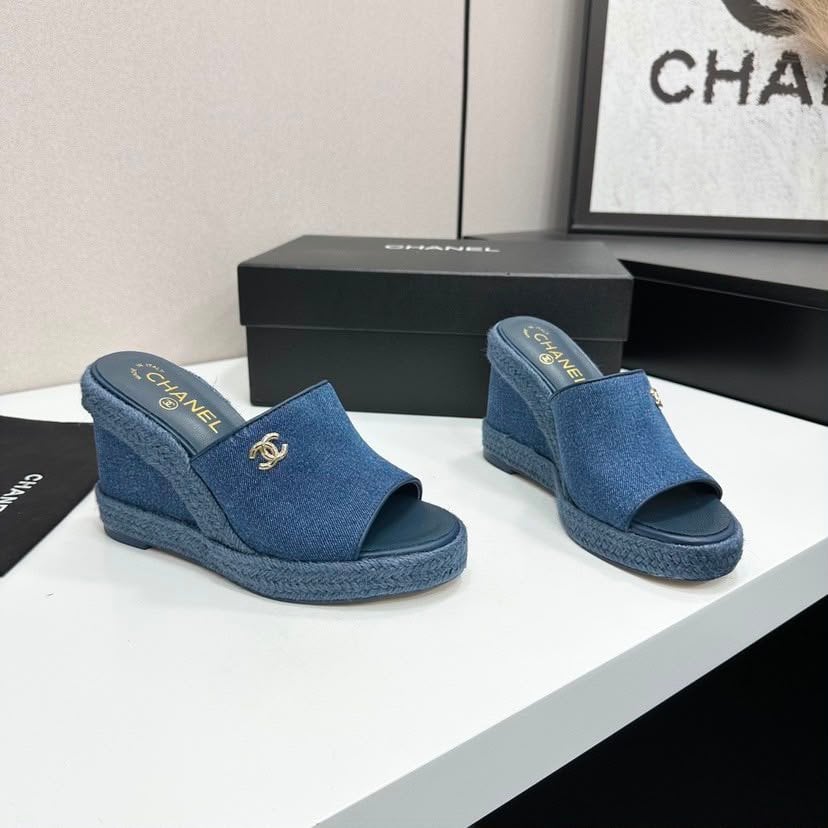 Chanel Denim Wedge Slingback Sandals Blue Denim G39832 view 5