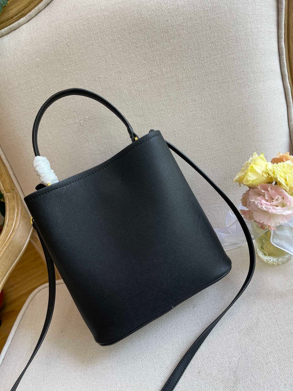 Prada Medium Saffiano Leather Panier Bag Black view 9