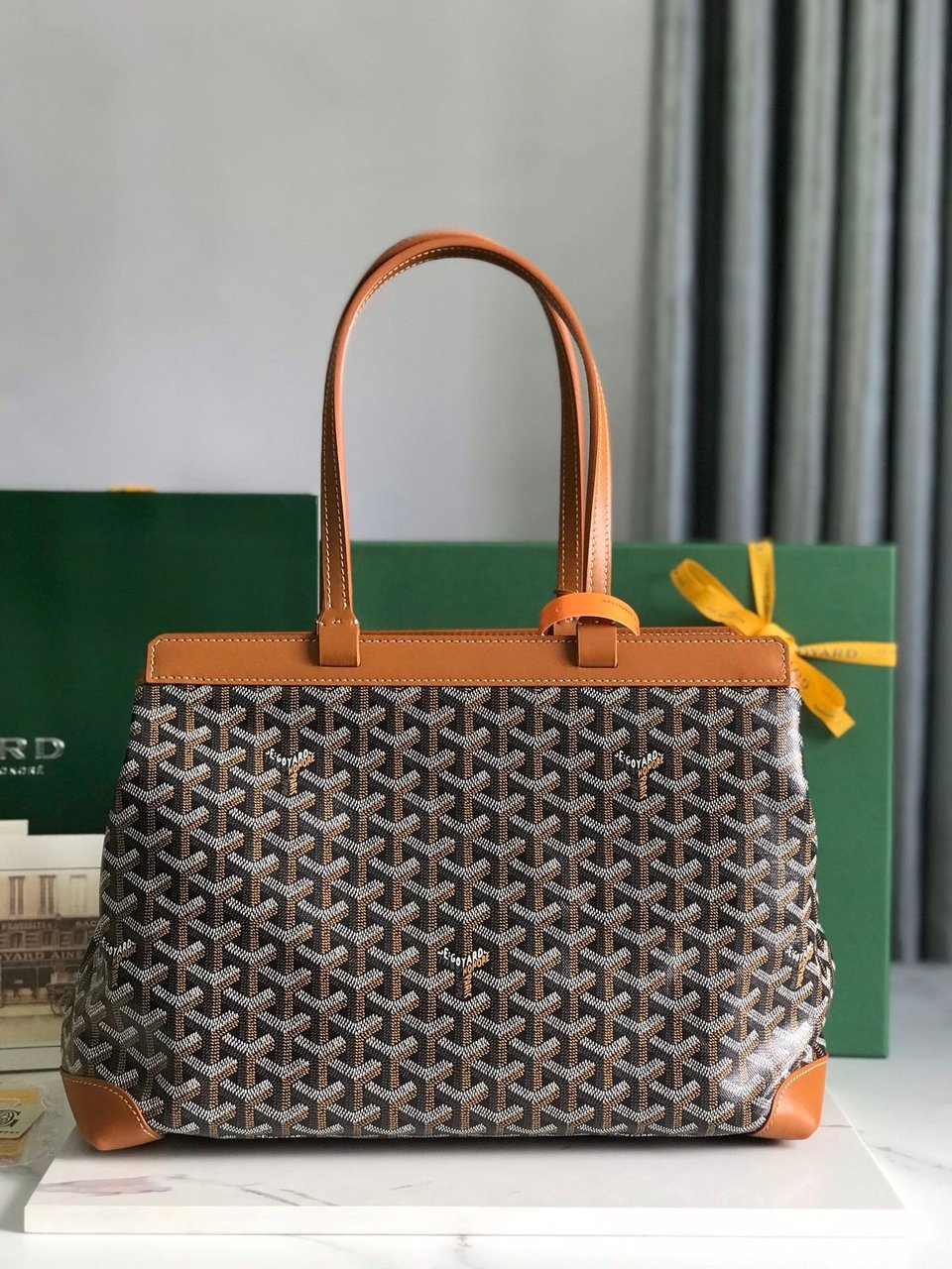 Goyard Bellechasse Biaude Pm Bag 36 Cm Black Goyardine Canvas And Tan Calfskin Trim view 7