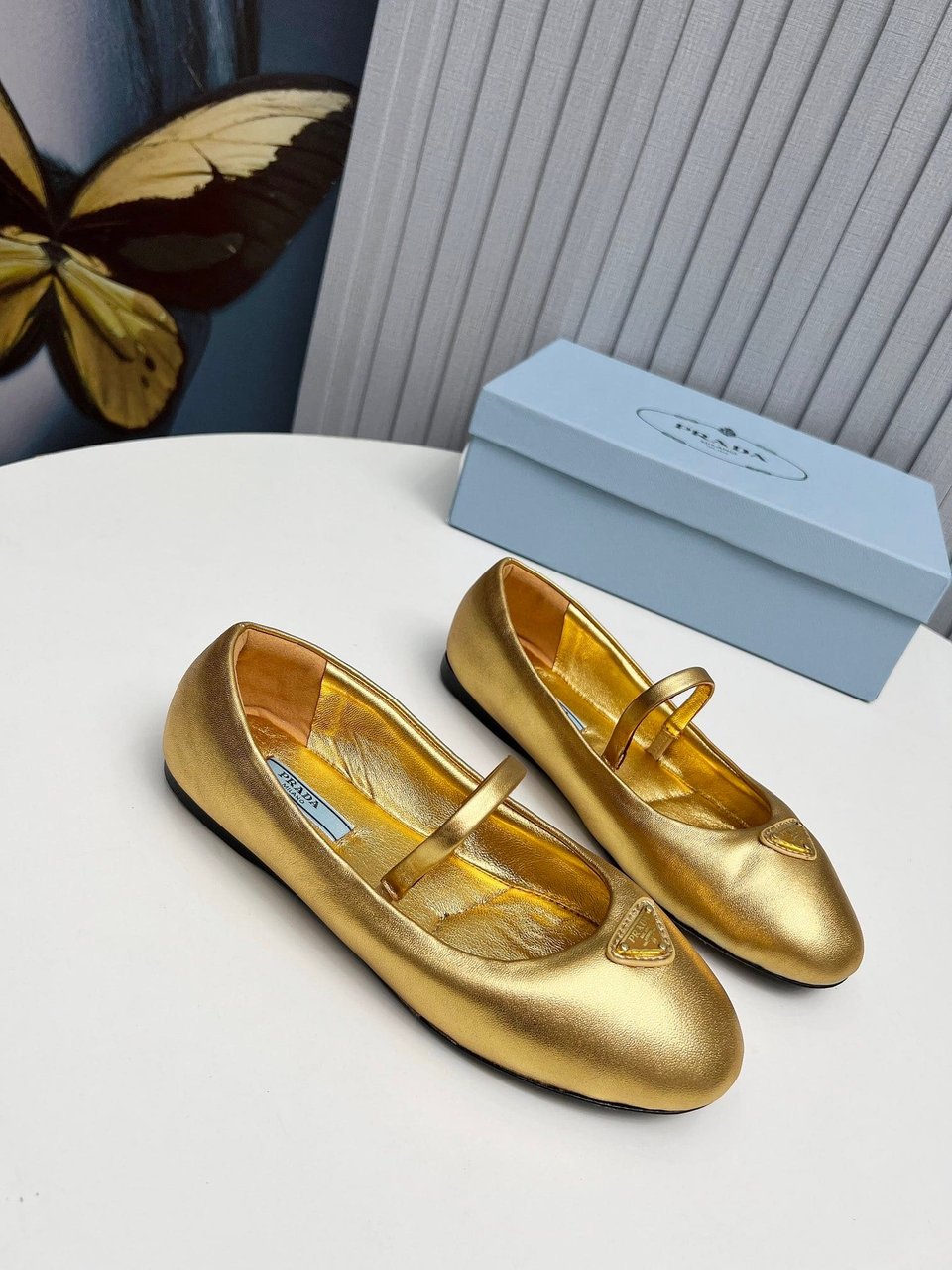 Prada Soft Padded Nappa Leather Ballerinas Gold view 11